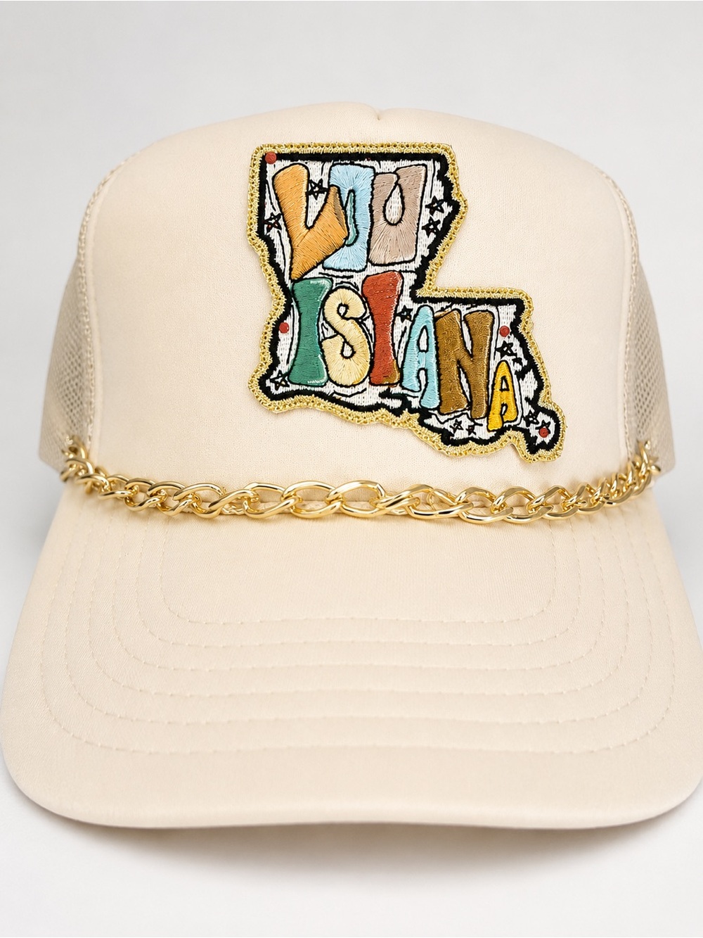 Cream Chain-Trim Trucker Hat with Multicolor Patch